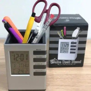 Pen Holder with Digital Watch – Silver